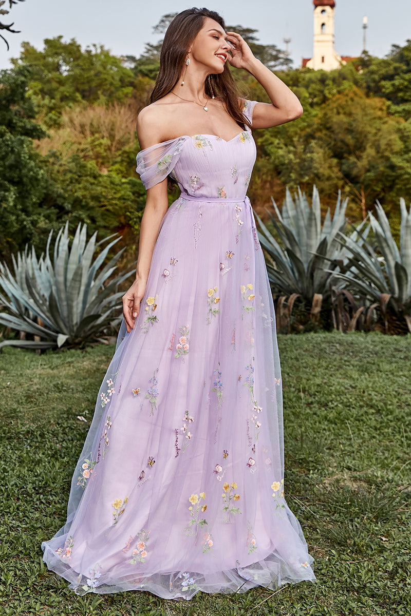 Load image into Gallery viewer, Tulle Lavender Off The Shoulder Long Prom Dress with Embroidery