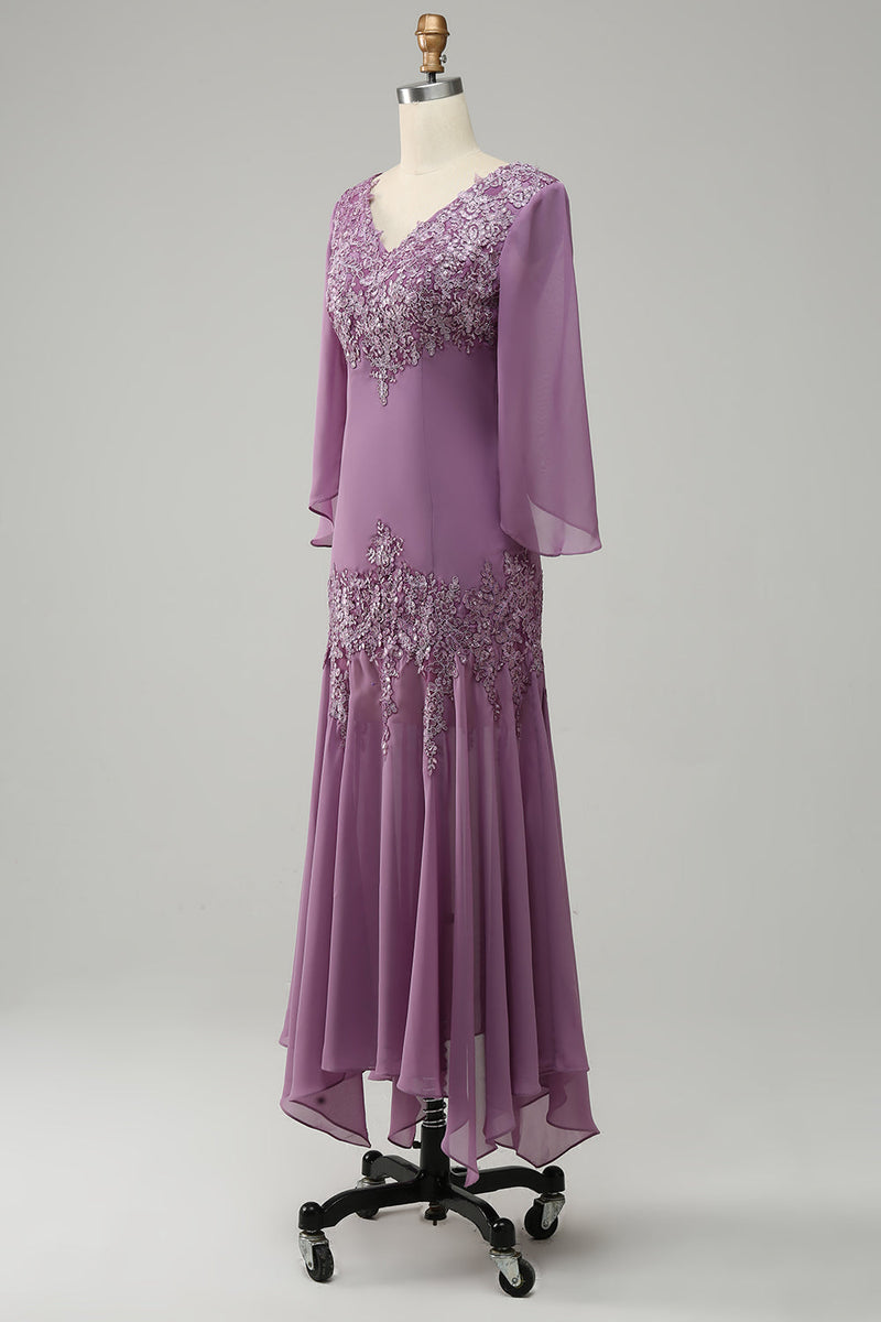 Load image into Gallery viewer, Grey Purple Mermaid Chiffon Mother of the Bride Dress with Lace