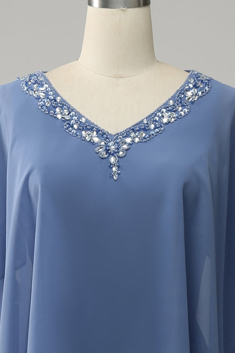 Load image into Gallery viewer, Grey Blue Sparkly Beaded Batwing Sleeves Mother of the Bride Dress