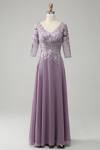 Grey Purple Chiffon Mother of the Bride Dress with Lace