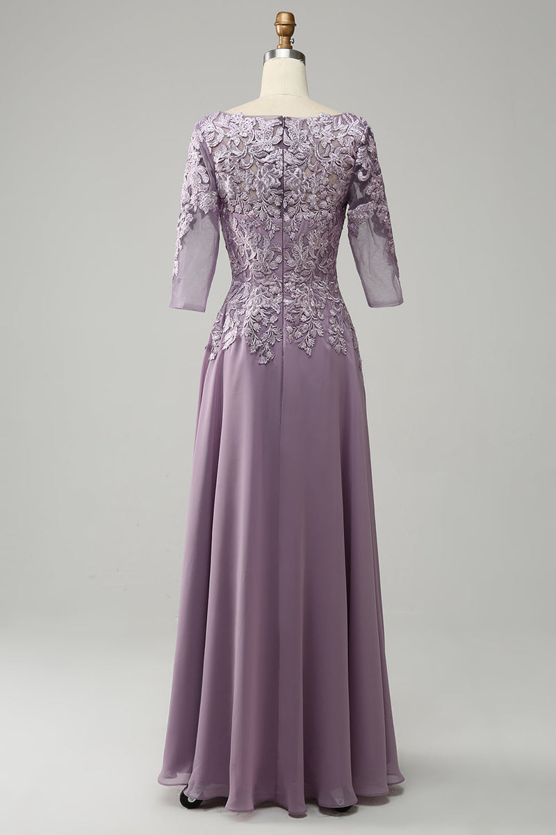 Load image into Gallery viewer, Grey Purple Chiffon Mother of the Bride Dress with Lace