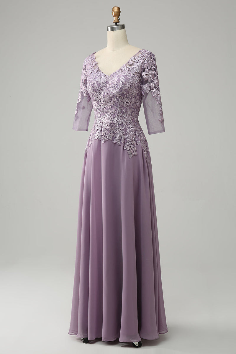 Load image into Gallery viewer, Grey Purple Chiffon Mother of the Bride Dress with Lace