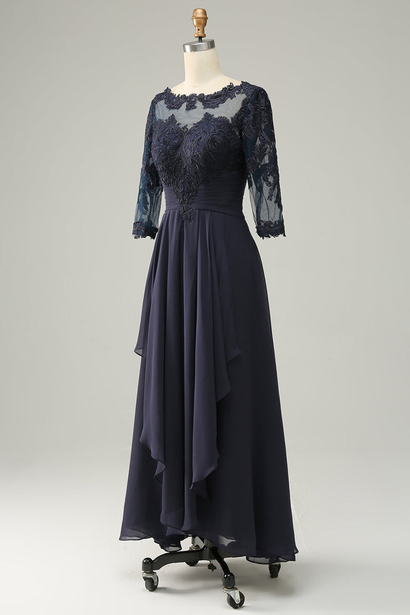Load image into Gallery viewer, Asymmetrical Navy Mother of Bride Dress with Long Sleeves