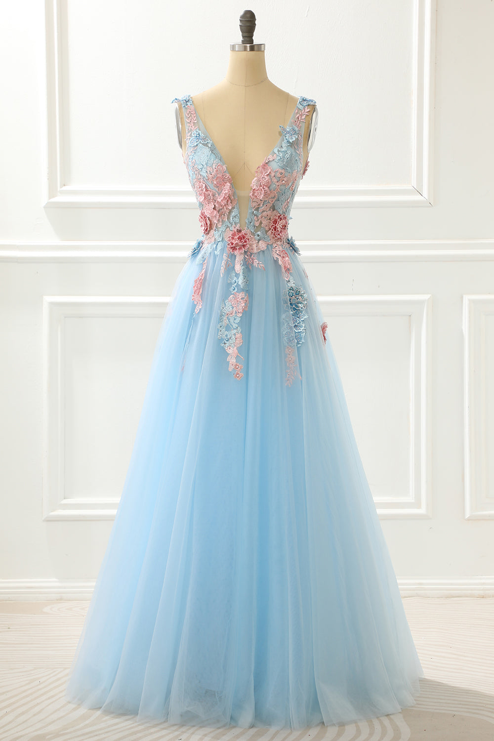 A-Line Blue Princess Prom Dress With Appliques