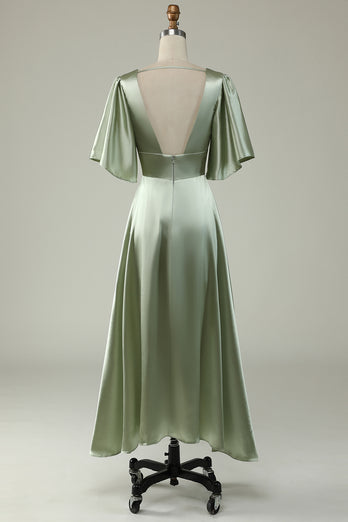 Satin Deep V-Neck Light Green Long Prom Dress with Button