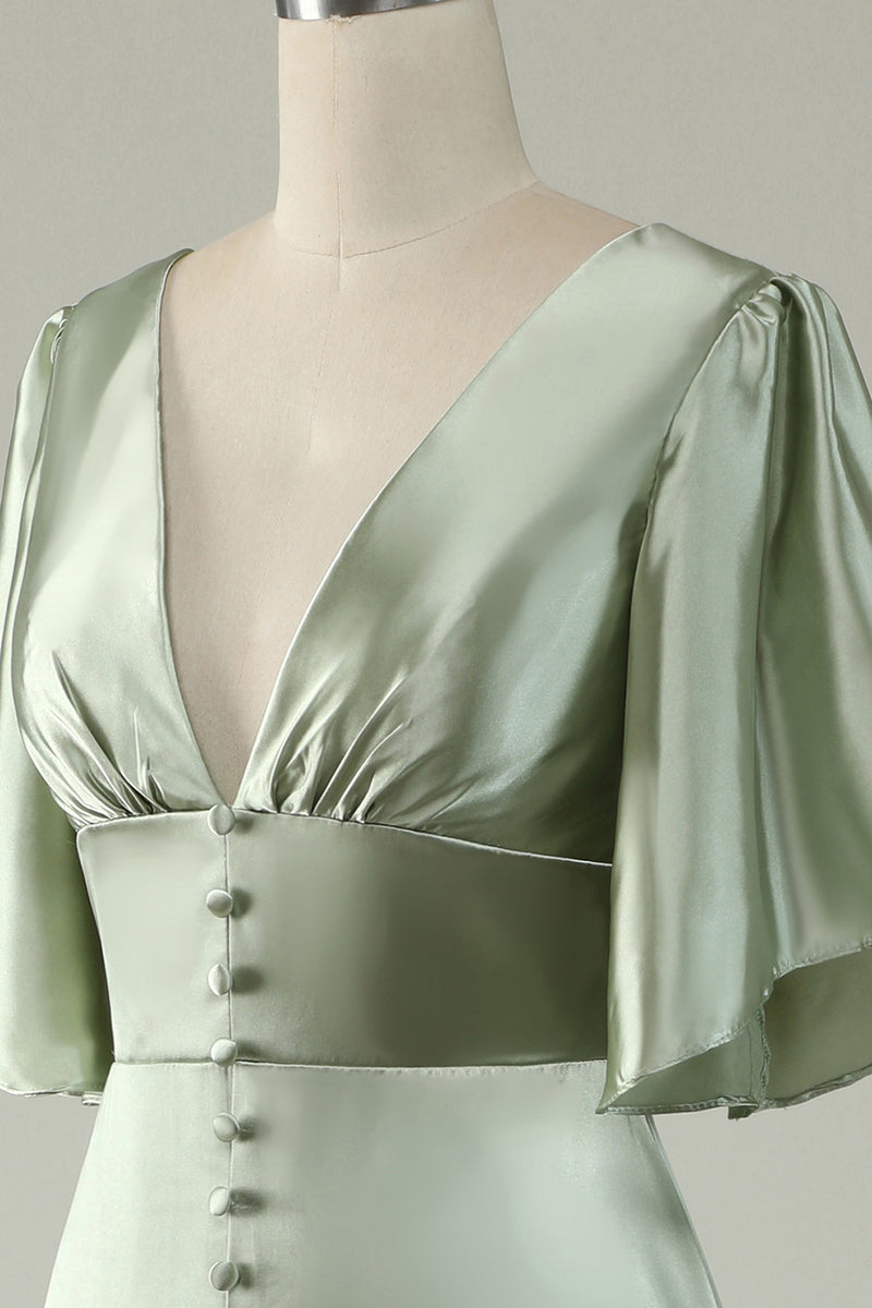 Load image into Gallery viewer, Satin Deep V-Neck Light Green Long Prom Dress with Button