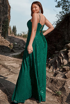 Dark Green Spaghetti Straps Sparkly Long Prom Dress with Slit