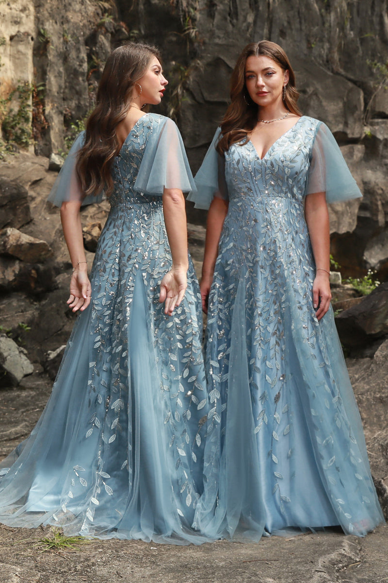 Load image into Gallery viewer, Plus Size Grey Blue Tulle Embroidered Leaves Prom Dress
