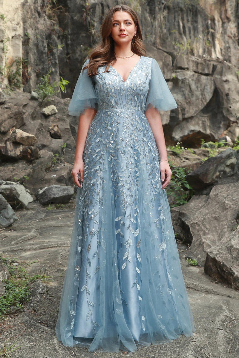 Load image into Gallery viewer, Plus Size Grey Blue Tulle Embroidered Leaves Prom Dress