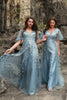 Load image into Gallery viewer, Plus Size Grey Blue Tulle Embroidered Leaves Prom Dress