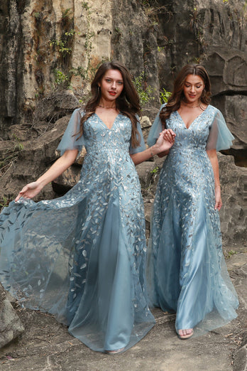 Plus Size Grey Blue Tulle Embroidered Leaves Prom Dress