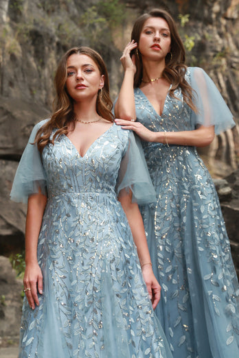 Plus Size Grey Blue Tulle Embroidered Leaves Prom Dress