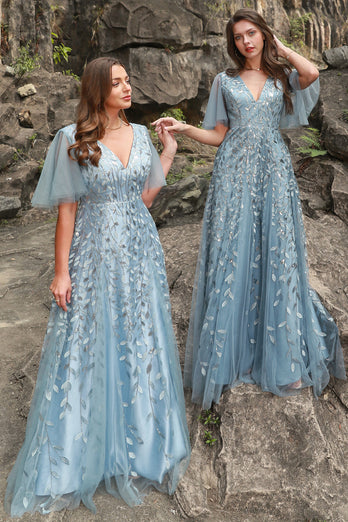Plus Size Grey Blue Tulle Embroidered Leaves Prom Dress