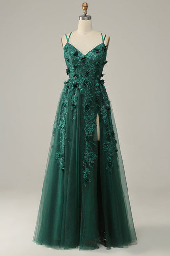 A-Line Tulle Dark Green Long Prom Dress with Slit