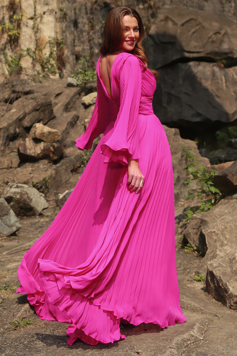 Load image into Gallery viewer, Hot Pink Long Sleeves Plus Size Prom Dress with Ruffles