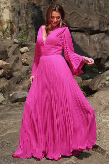 Hot Pink Long Sleeves Plus Size Prom Dress with Ruffles