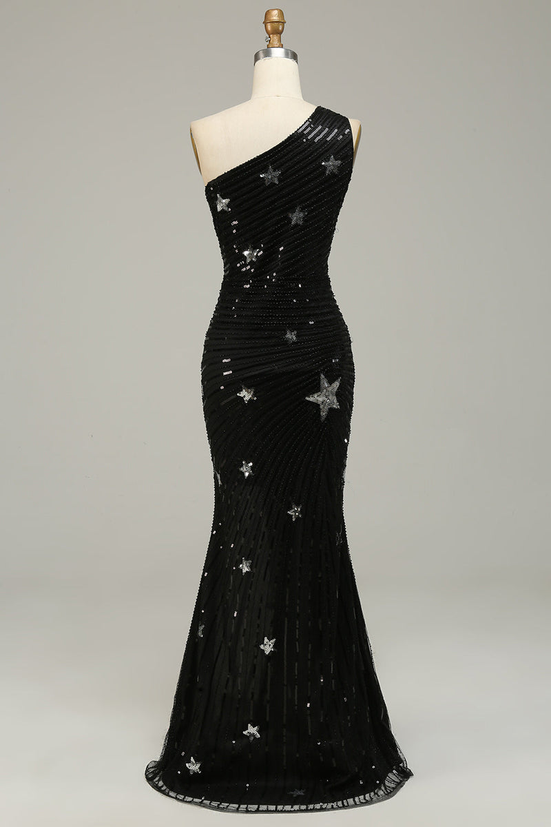 Load image into Gallery viewer, Sparkly Sheath One Shoulder Black Sequins Long Prom Dress with Star