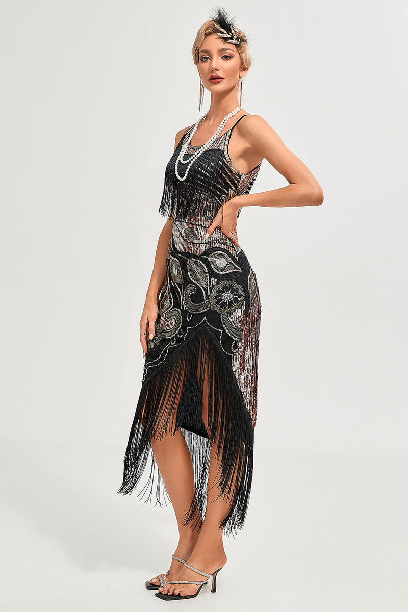 Load image into Gallery viewer, Black Spaghetti Straps Gatsby Fringed Flapper Dress