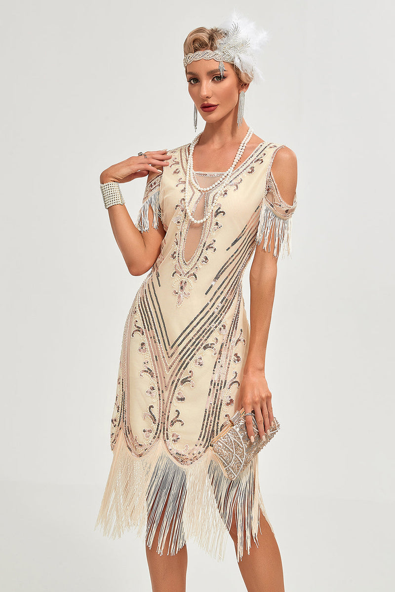 Load image into Gallery viewer, Black Cold Shoulder Sequins Fringes 1920s Gatsby Dress