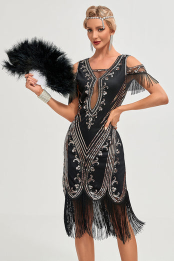 Black Cold Shoulder Sequins Fringes 1920s Gatsby Dress