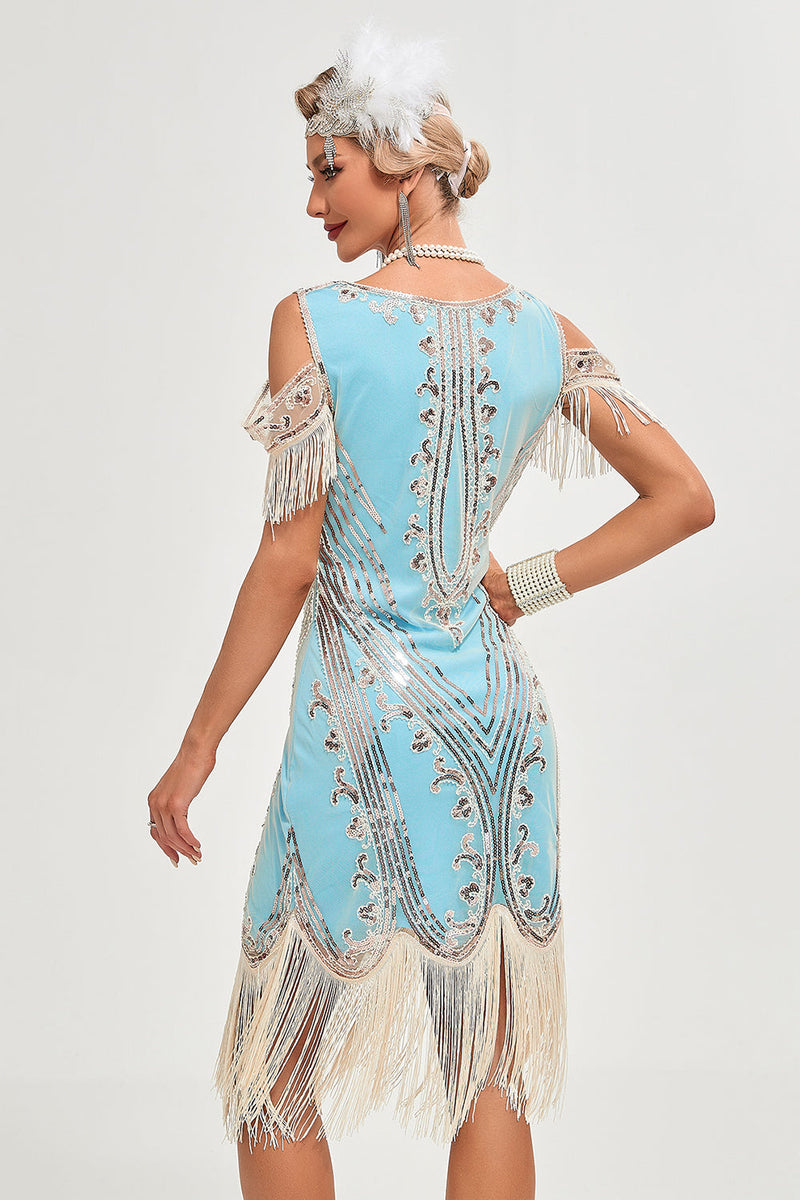 Load image into Gallery viewer, Black Cold Shoulder Sequins Fringes 1920s Gatsby Dress