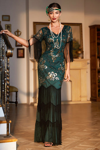 Sheath V Neck Dark Green Sequins Long 1920s Flapper Dress with Fringes