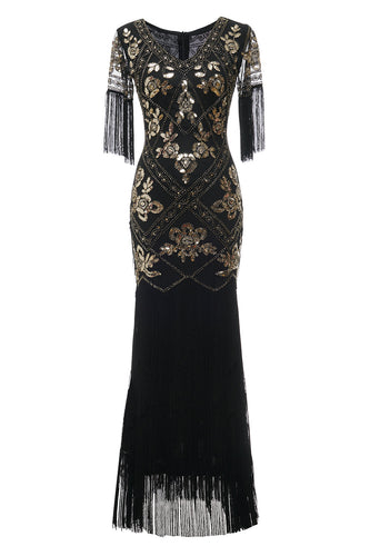 V Neck Black Long 1920s Flapper Dress with Sequins and Fringes