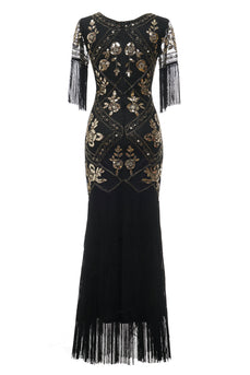 V Neck Black Long 1920s Flapper Dress with Sequins and Fringes