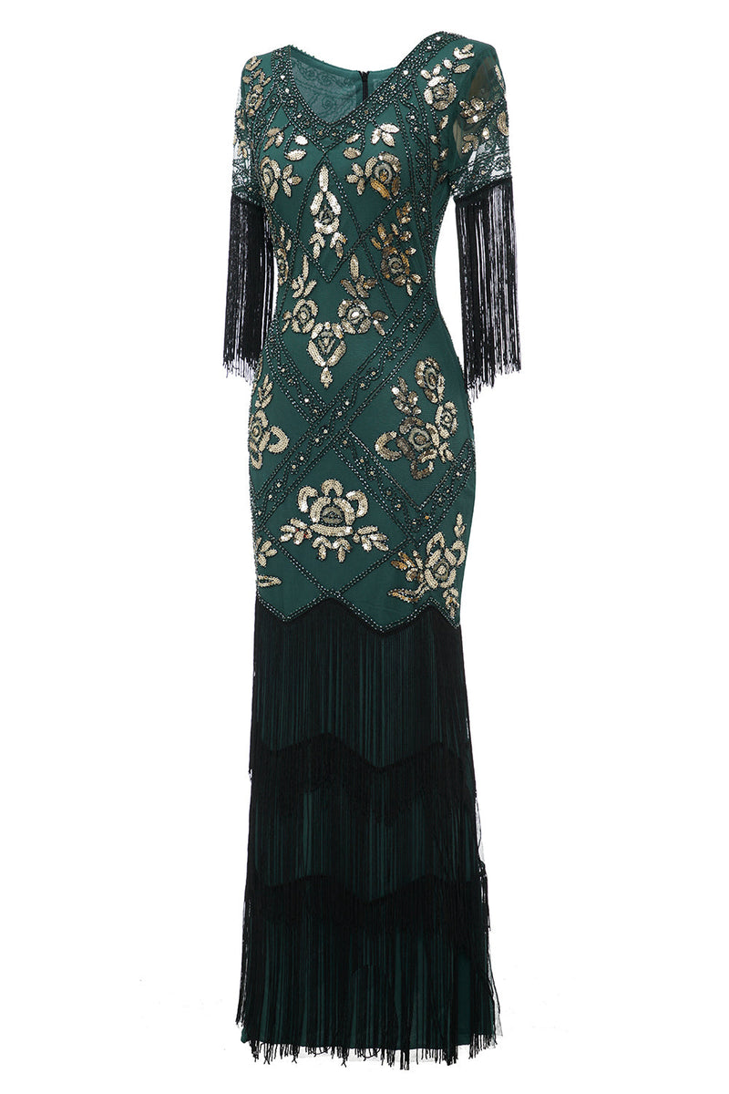 Load image into Gallery viewer, V Neck Black Long 1920s Flapper Dress with Sequins and Fringes