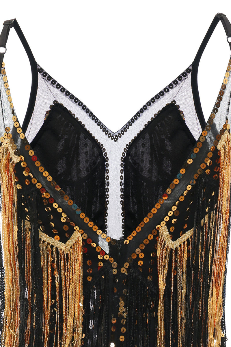 Load image into Gallery viewer, Black Golden Fringes 1920s Dress with Sequins