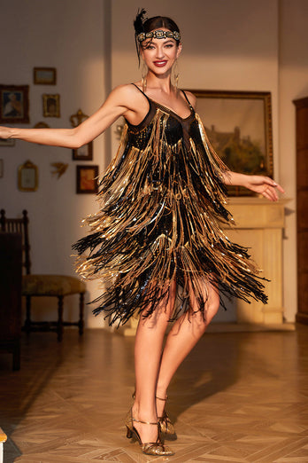 Spaghetti Straps Black Golden 1920s Dress with Fringes