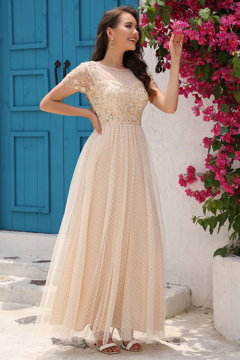 Load image into Gallery viewer, A Line Tulle Apricot Sequins Prom Dress with Appliques