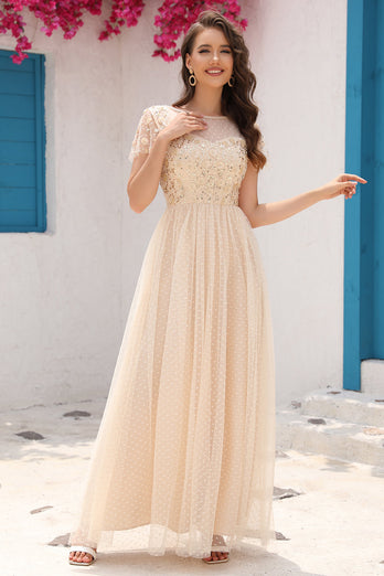 A Line Tulle Apricot Sequins Prom Dress with Appliques