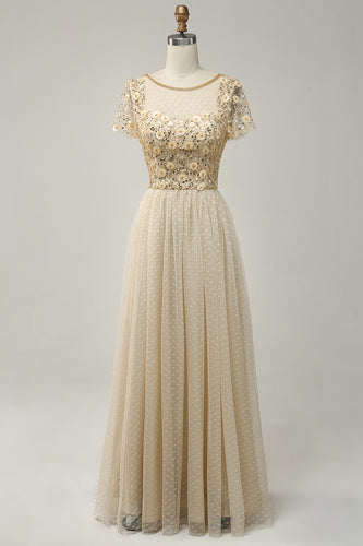 A-Line Apricot Long Prom Dress with Beading