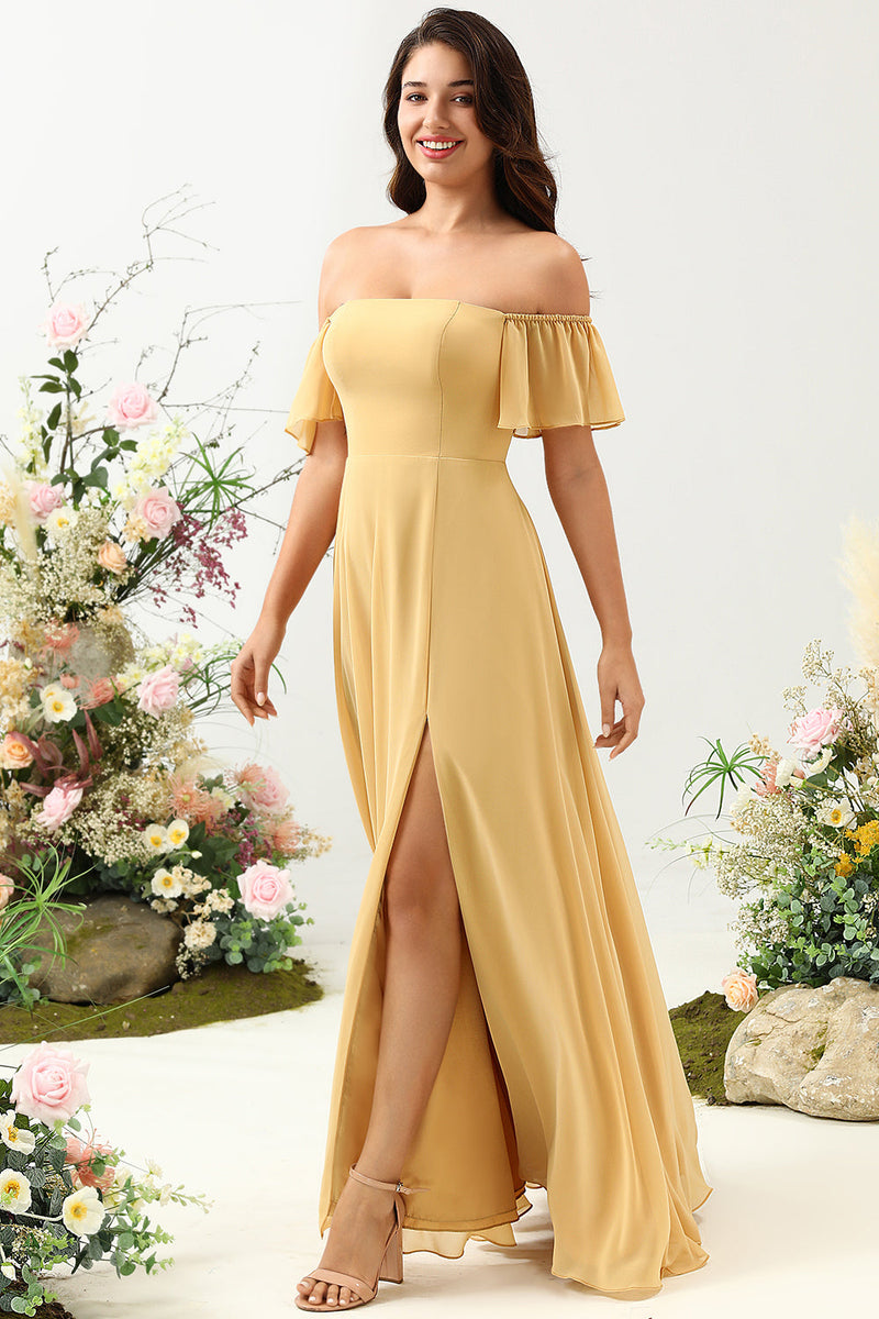 Load image into Gallery viewer, A Line Off the Shoulder Yellow Flower Printed Plus Size Bridesmaid Dress