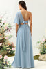 Load image into Gallery viewer, Grey Blue One Shoulder Chiffon Boho Bridesmaid Dress