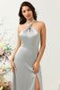 Load image into Gallery viewer, Simple Grey Halter Long Bridesmaid Dress with Slit