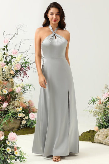 Simple Grey Halter Long Bridesmaid Dress with Slit