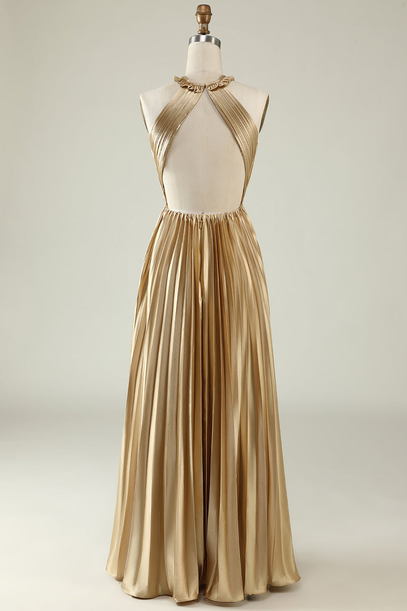 Load image into Gallery viewer, Halter Neck Golden Pleated Long Bridesmaid Dress