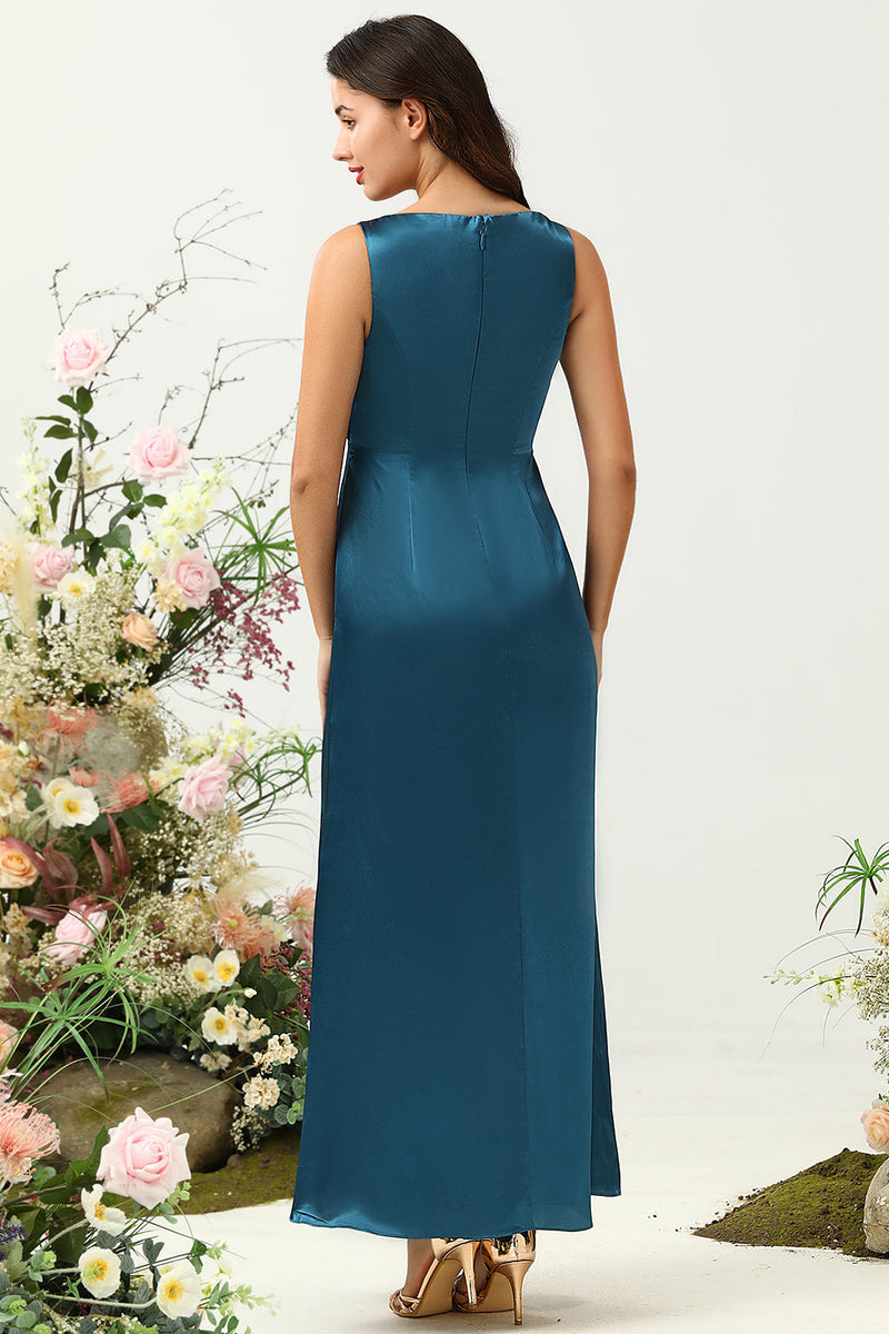 Load image into Gallery viewer, Ink Blue Satin Long Bridesmaid Dress