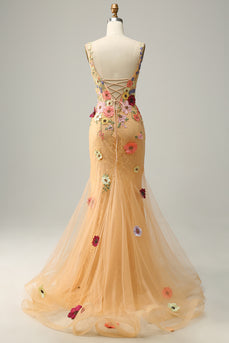 Deep V-Neck Champagne Long Prom Dress with Appliques