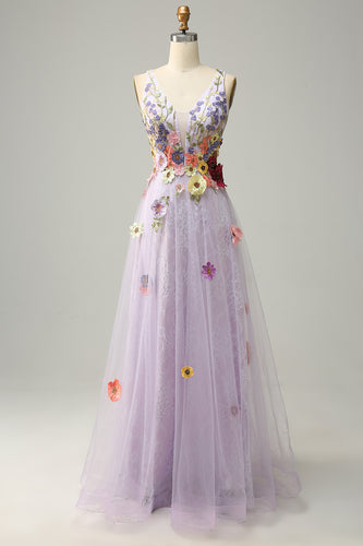 Tulle Backless Lavender Long Prom Dress with Embroidery