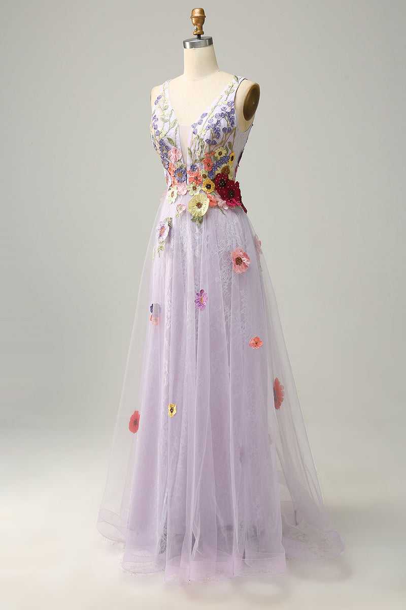 Load image into Gallery viewer, Tulle Backless Lavender Long Prom Dress with Embroidery