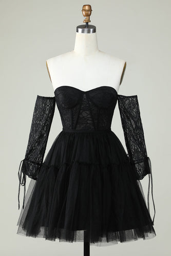 A Line Off the Shoulder Black Corset Short Prom Dress with Long Sleeves