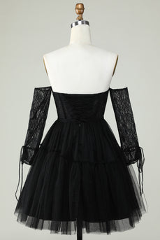 A Line Off the Shoulder Black Corset Short Prom Dress with Long Sleeves