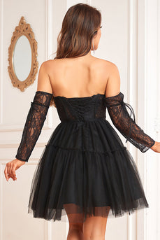 A-Line Black Corset Detachable Long Sleeves Homecoming Dress