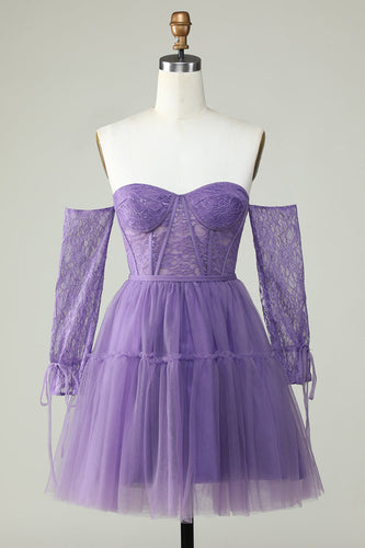 A Line Off the Shoulder Purple Corset Short Prom Dress with Long Sleeves