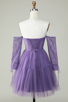 A Line Off the Shoulder Purple Corset Short Prom Dress with Long Sleeves