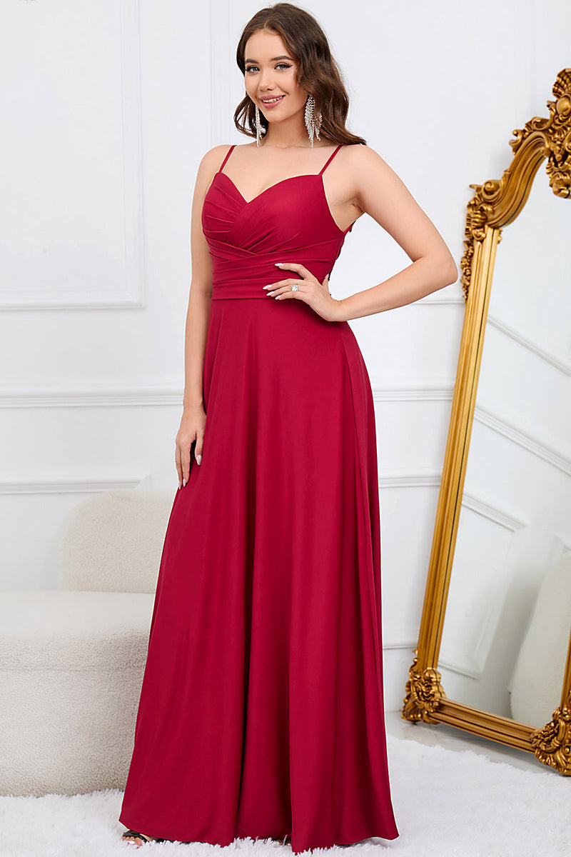 Load image into Gallery viewer, A Line Spaghetti Straps Burgundy Long Bridesmaid Dress