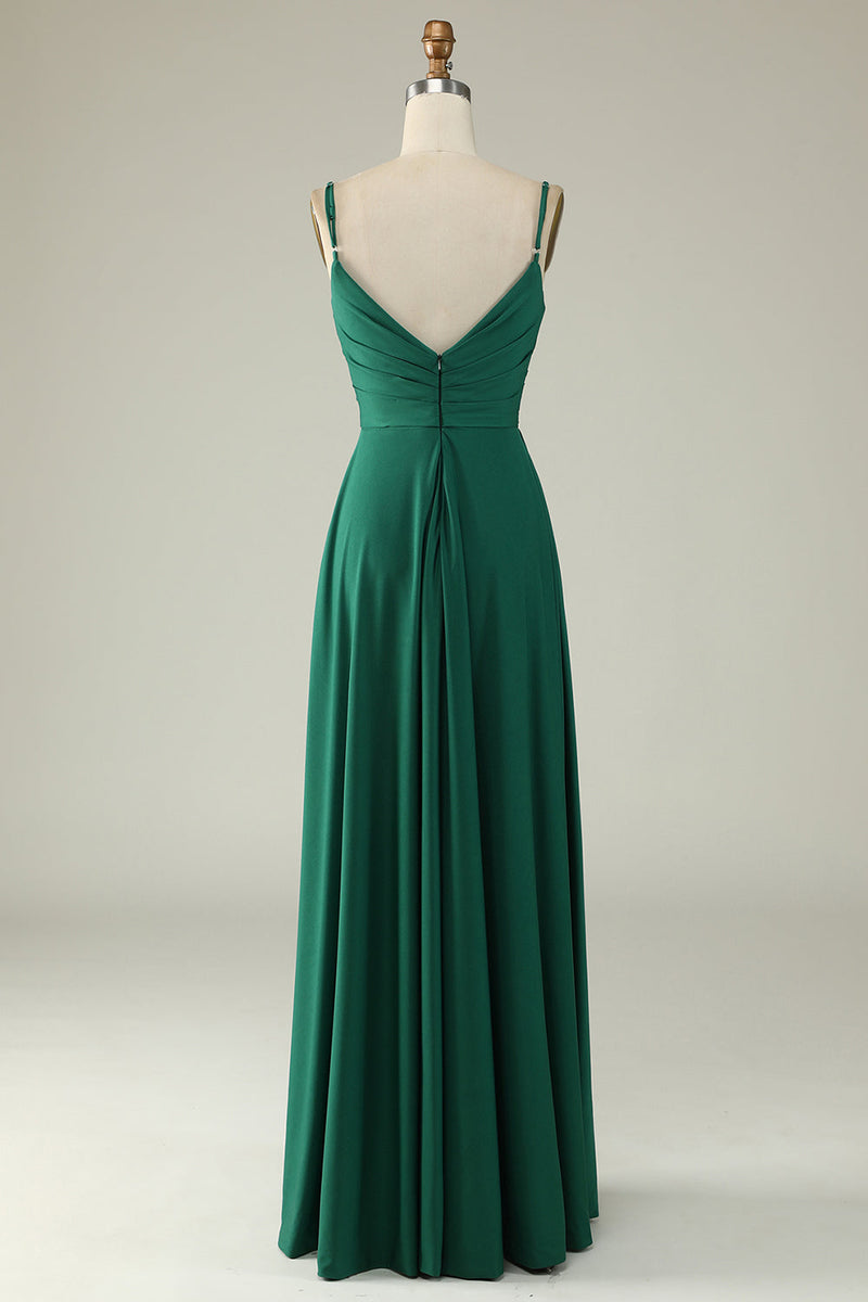 Load image into Gallery viewer, A Line Spaghetti Straps Dark Green Long Bridesmaid Dress